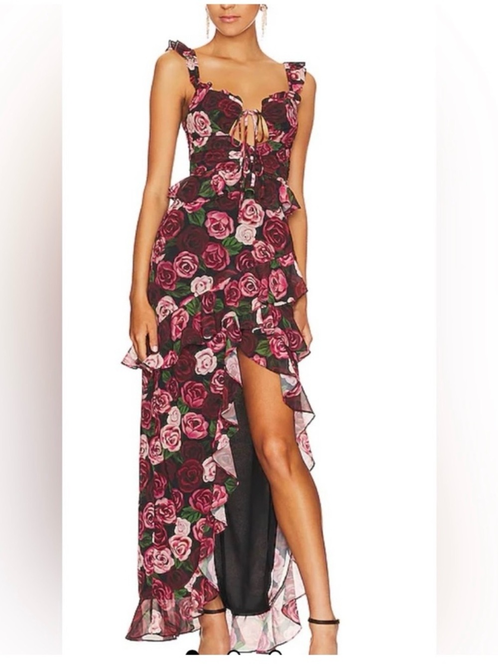 MAJORELLE Rose-Print Ruffle High-Low Maxi Dress - Black & Pink